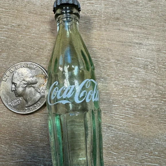 Cute Mini Coca Cola Vintage 3 inch Green Glass Bottle Metal Cap Rare - Picture 4 of 9